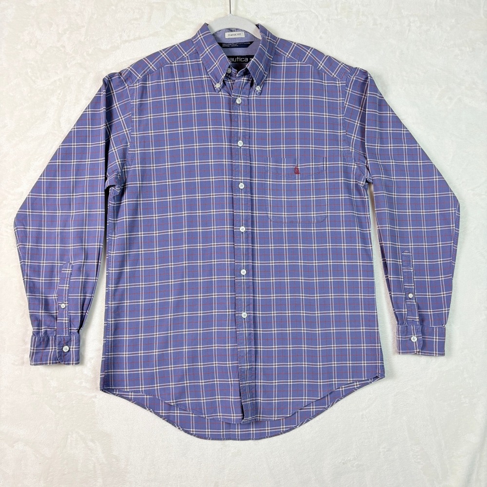Nautica Button Down Shirt Men Medium Blue Plaid Good Classic Fit Cotton Long Slv